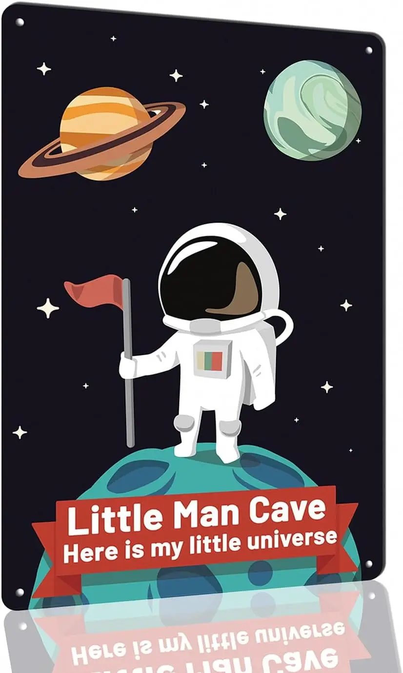 Little Man Cave Sign - 8x12Inch - Aluminum - Space Astronaut Metal Wall Hanging Sign Kids Space Gifts Outer Space Room Decor for