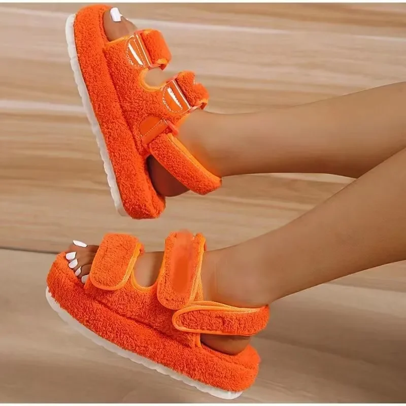 Plush Sandals for Women 2023 New Fashion Platform Shoes Retro Flat  Fluffy Furry Casual Shoes Female Light Round Toe Sandalias