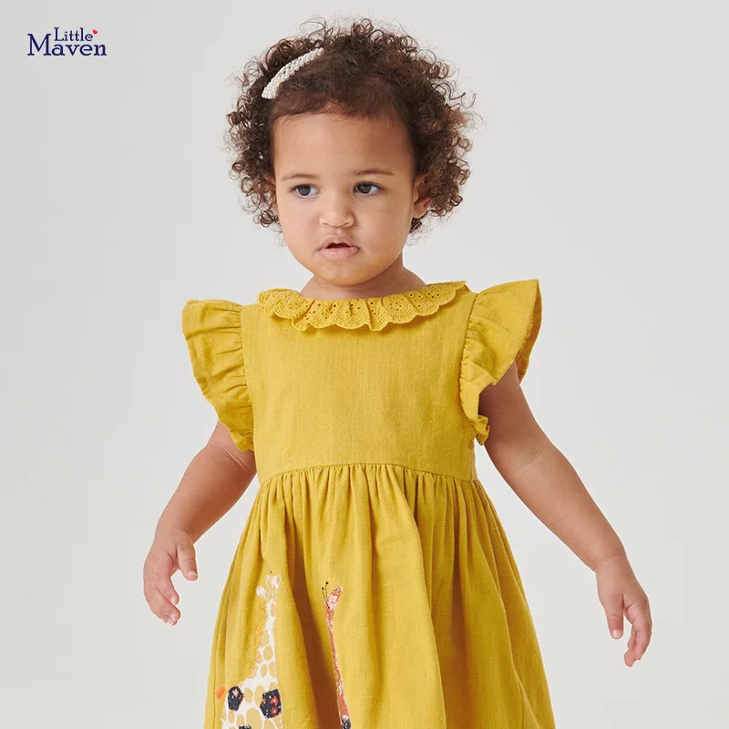 Little maven Girls Yellow Dresses Animal Giraffe Appliques Children Party Dress Cotton Kids Clothes Lovely Lace Elegant Dresses