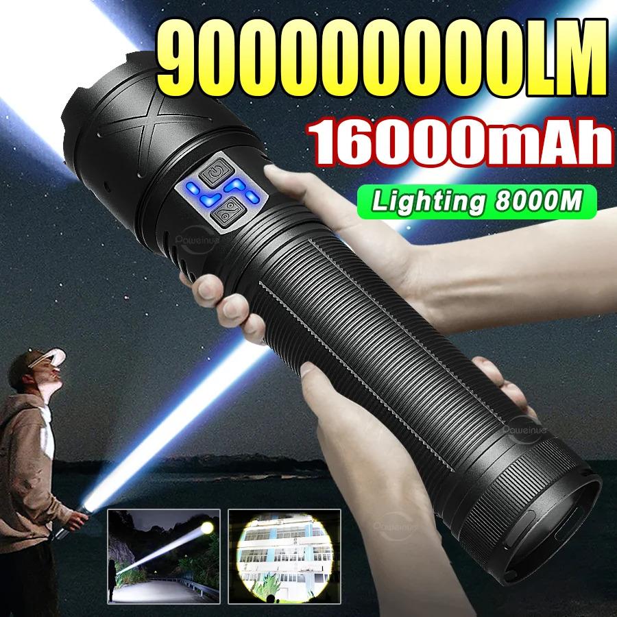 

2025 16000mAh Super Big Flashlight USB Rechargeable 8000M Ultra Bright LED FlashLight Work Lamp Zoom Outdoor Camping Lantern