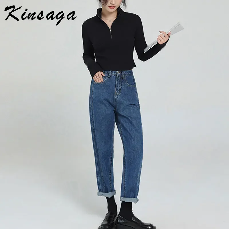 Kinsaga OL Blue High Waist Harem Pants Women Pear Shape Slimming Nine Point Dad Jeans Petite Girls Carrot Denim Pants