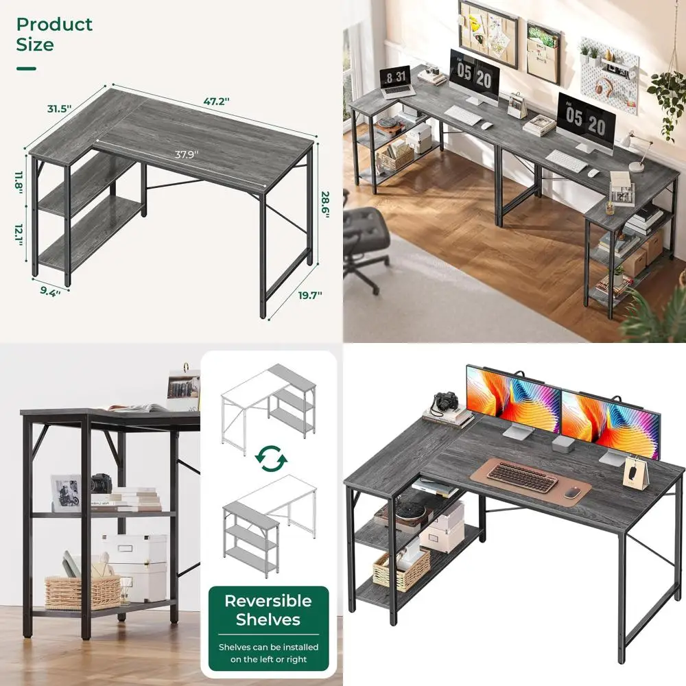 

47 L-Shaped Gaming Desk with Reversible Shelves, Metal Frame, Gray for Home Office & Study