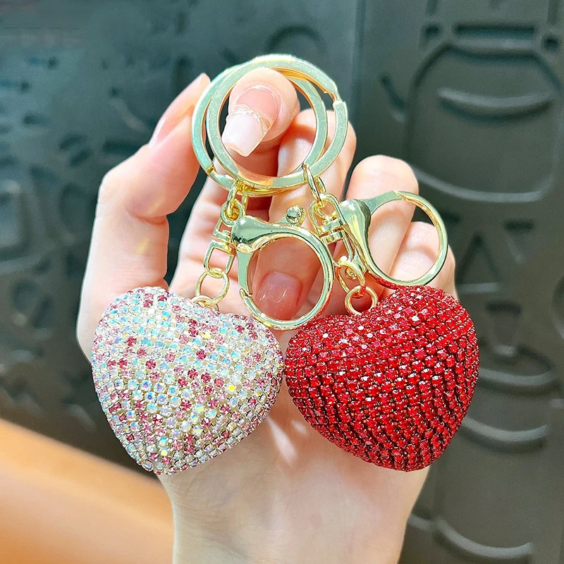 풀 라인스톤 핑크 블루 하트 펜던트 키체인, 반짝이는 색상, 레드 러브 키링, 라인석 쥬얼리 키팝, 가방 장신구 선물