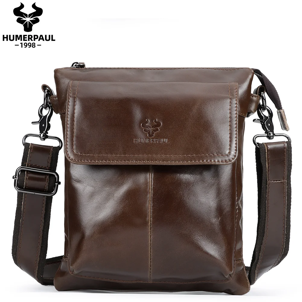 HUMERPAUL Genuine Leather Men's Messenger Bag Multifunctional Travel Crossbody Shoulder Bag with Phone Pocket for Work
