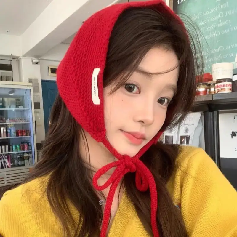 

Wool Knitted Ear Protection Head Scarf With Lace-up Sweet Lolita Wool Beanie Hat Headband Hats Winter Autumn Warm Head Scarf