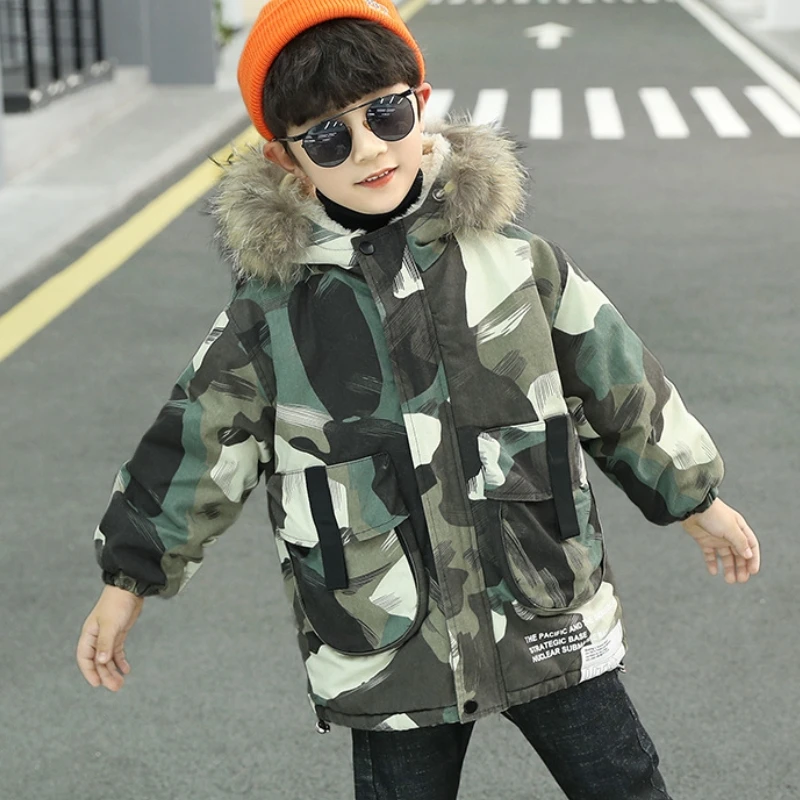 Boys Coat Jacket Cotton Outerwear Windbreak 2023 Camouflage Thicken Velvet Winter Warm School Sport Children\'s Clothing