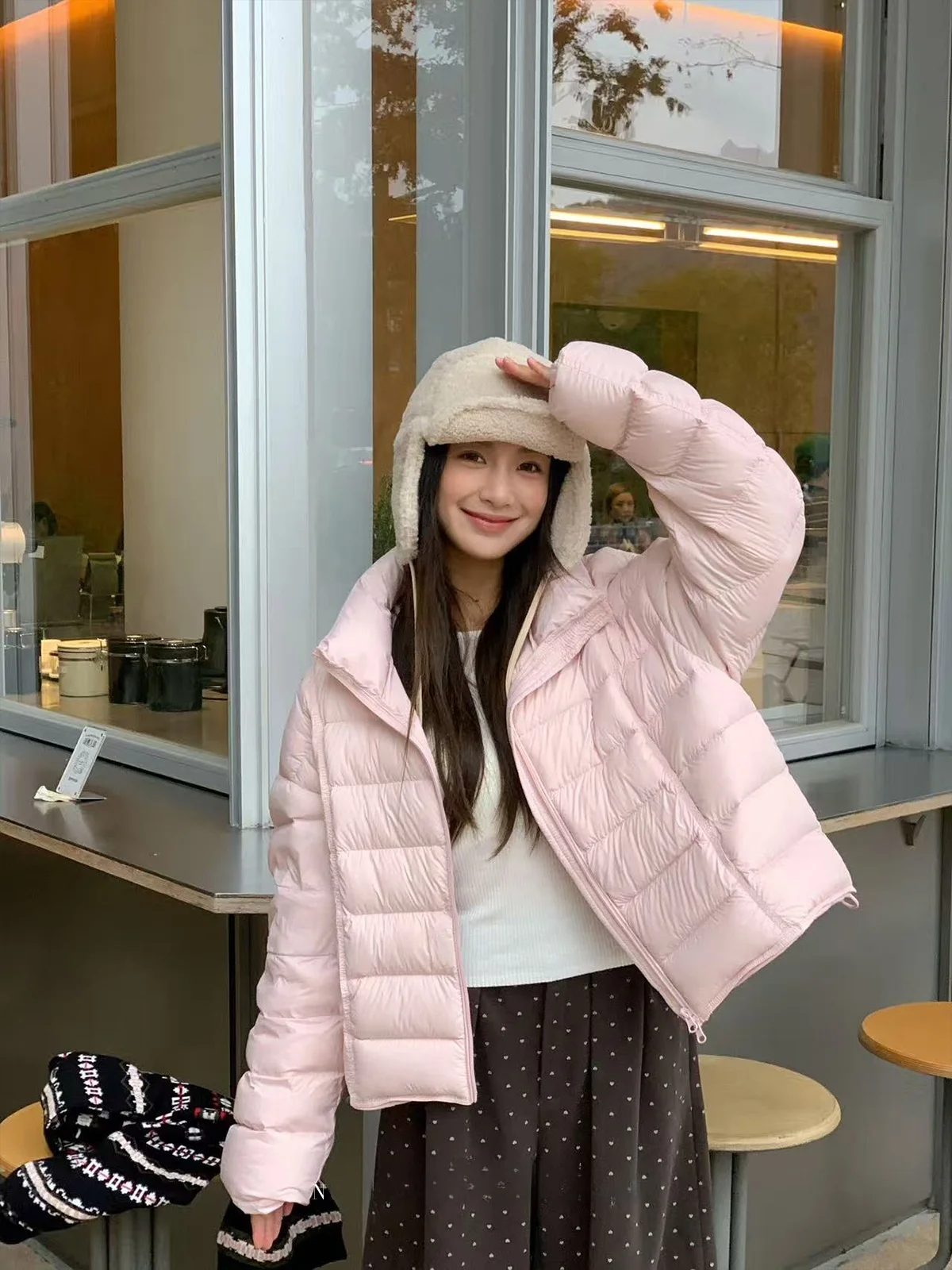 

UVPU Pink Stand Collar down Jaet 2025 Winter New Loose Warm Du Feather Coat Long Sve Zipper Closure Regular Length