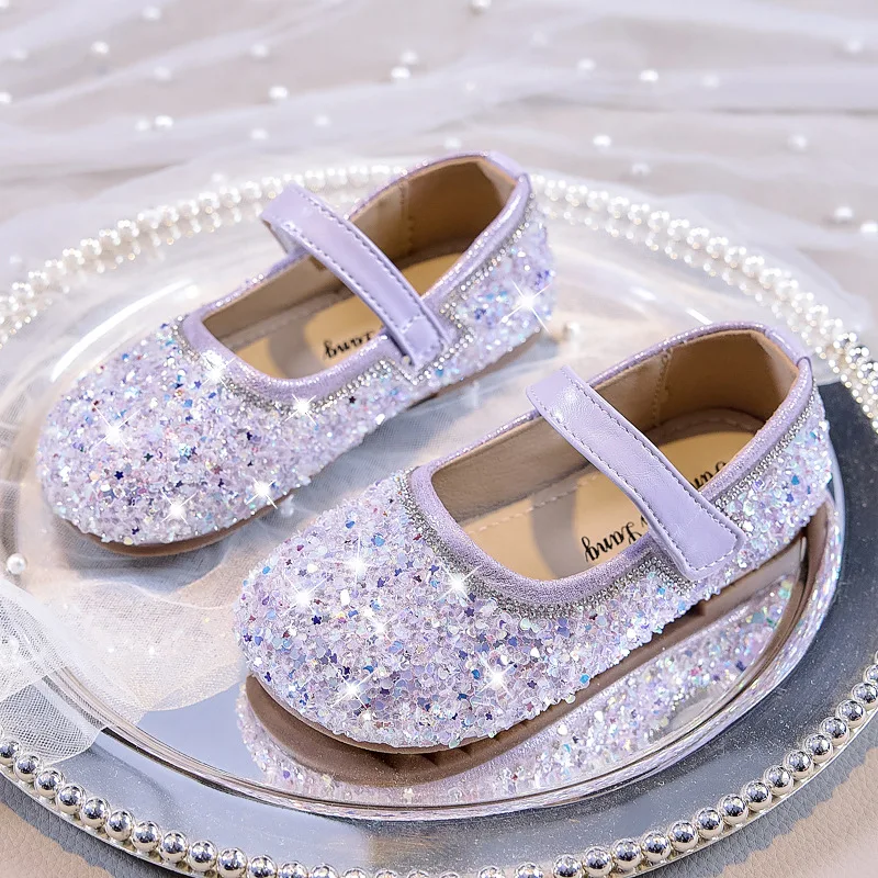New Autumn Girls Rhinestone Leather Shoes 2026 Spring Sequins Princess Shoes Soft Children Baby Toddler Single Shoes