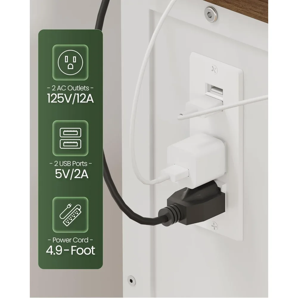 Mesa dobrável de 31,5 polegadas com tomadas elétricas, rodas e armazenamento para espaços pequenos em marrom rústico e branco