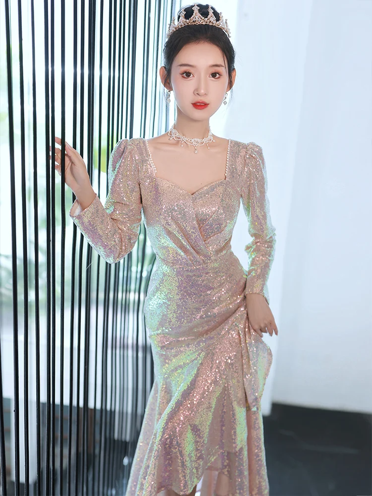 

Gorgeous Sequin Evening Dress Square Collor Long Sleeve Slim Mermaid Dress Elegant Glitter Women Banquet Party Gowns