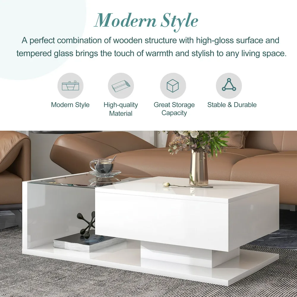ON-TREND Modern Coffee Table with Tempered Glass Wooden Cocktail Table with High-gloss UV Surface Modernist 2-Tier Rectangle