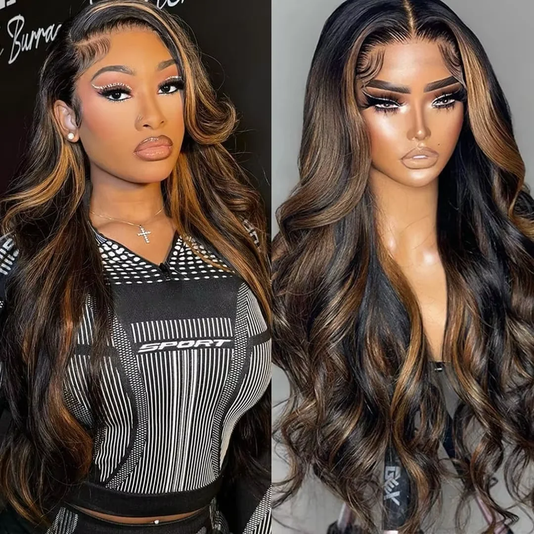 200% High Density Ombre Highlight Body Wave 13x6 HD Lace Front Human Hair Wig 1B/30 Black Brown Colored 13x4 Lace Frontal Wigs