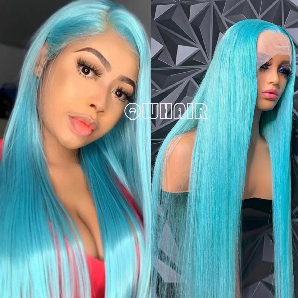 QW Synthetic Hair Sky Blue  Straight 13X4 Soft  Lace Front Wig For Women Hair Heat Resistant Fiber Cosplay  Daily