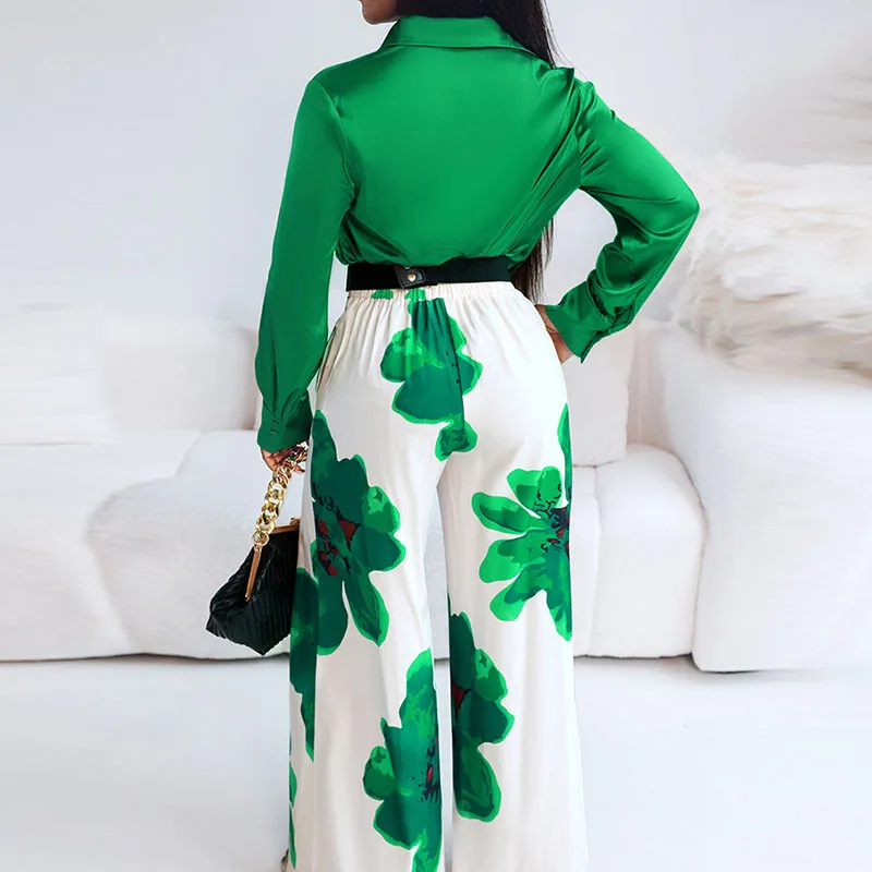 

Elegant Office High Waist Wide Leg Pants Set New Autumn Loose Professional Outfit Casual Pattern Printed Long Sleeved Shirt Suit