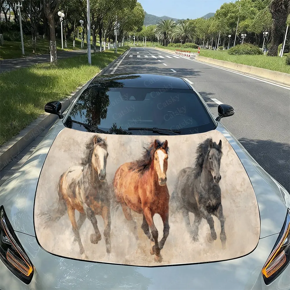 Dynamic Horse Herd Pattern PVC Car Hood Wraps, Self-Adhesive Waterproof Car Bonnet Decal Sticker, Car Decoration Protection Stic