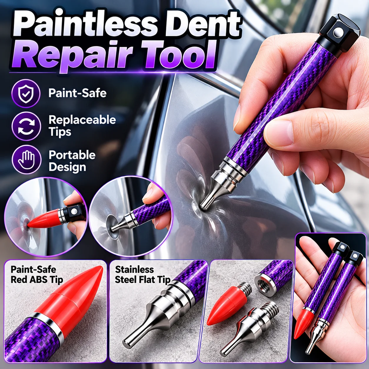 Paintless Dent Repair Tool with Replaceable ABS & Stainless Steel Tips for Car Body Ding and Dent Removal