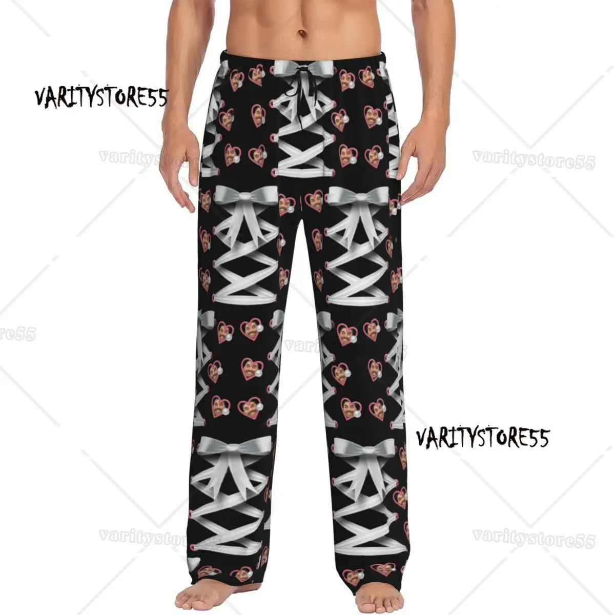 

Custom Printed White Bow Love Face Head Photo Pajama Pants Men Sleep Sleepwear Bottoms with Pockets