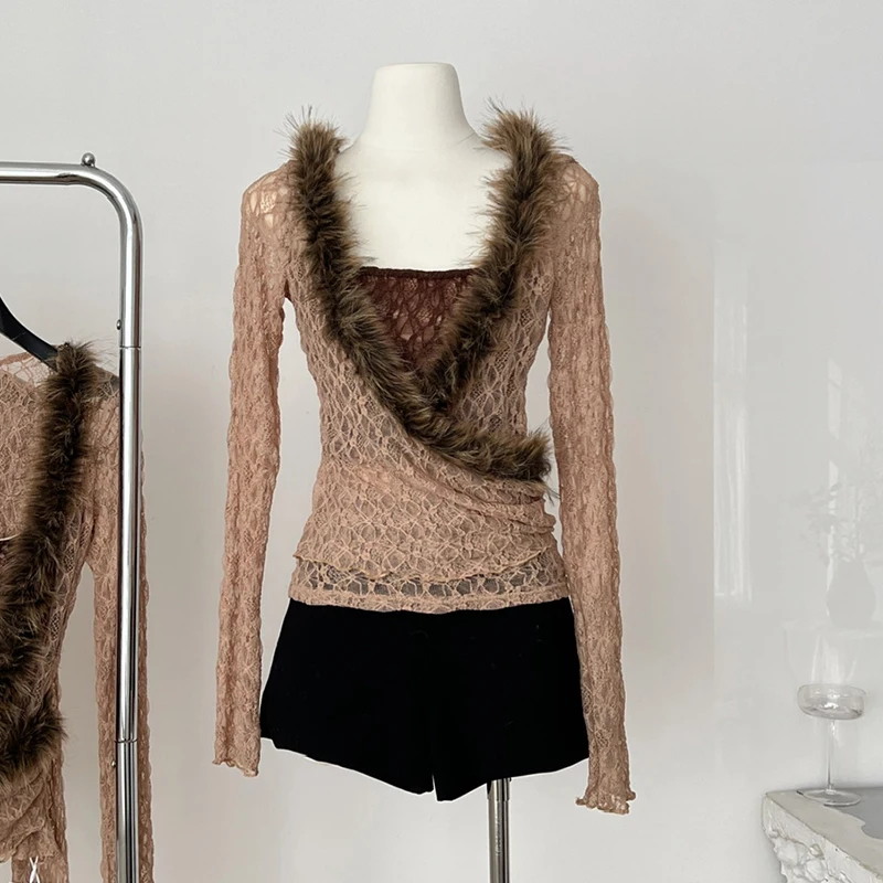 

Топы с меховым воротником в стиле ретро, женские кружевные рубашки с v-образным вырезом и длинными рукавами, женские 20225, новая сексуальная кружевная блузка с вырезами цвета хаки, сексуальные топы, рубашки
