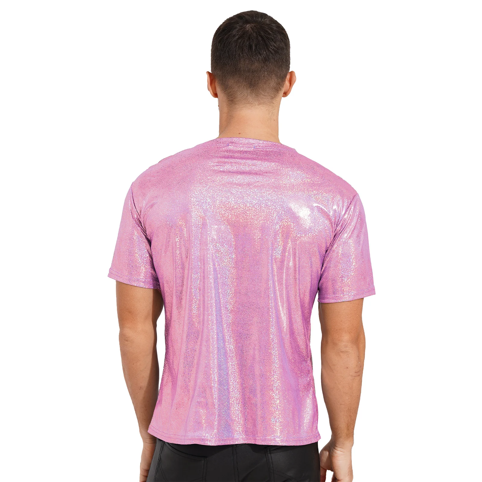 Tops brillantes holográficos para hombre, camisa de manga corta metálica con purpurina, blusa brillante para fiesta, discoteca, ropa de club, Festival y baile