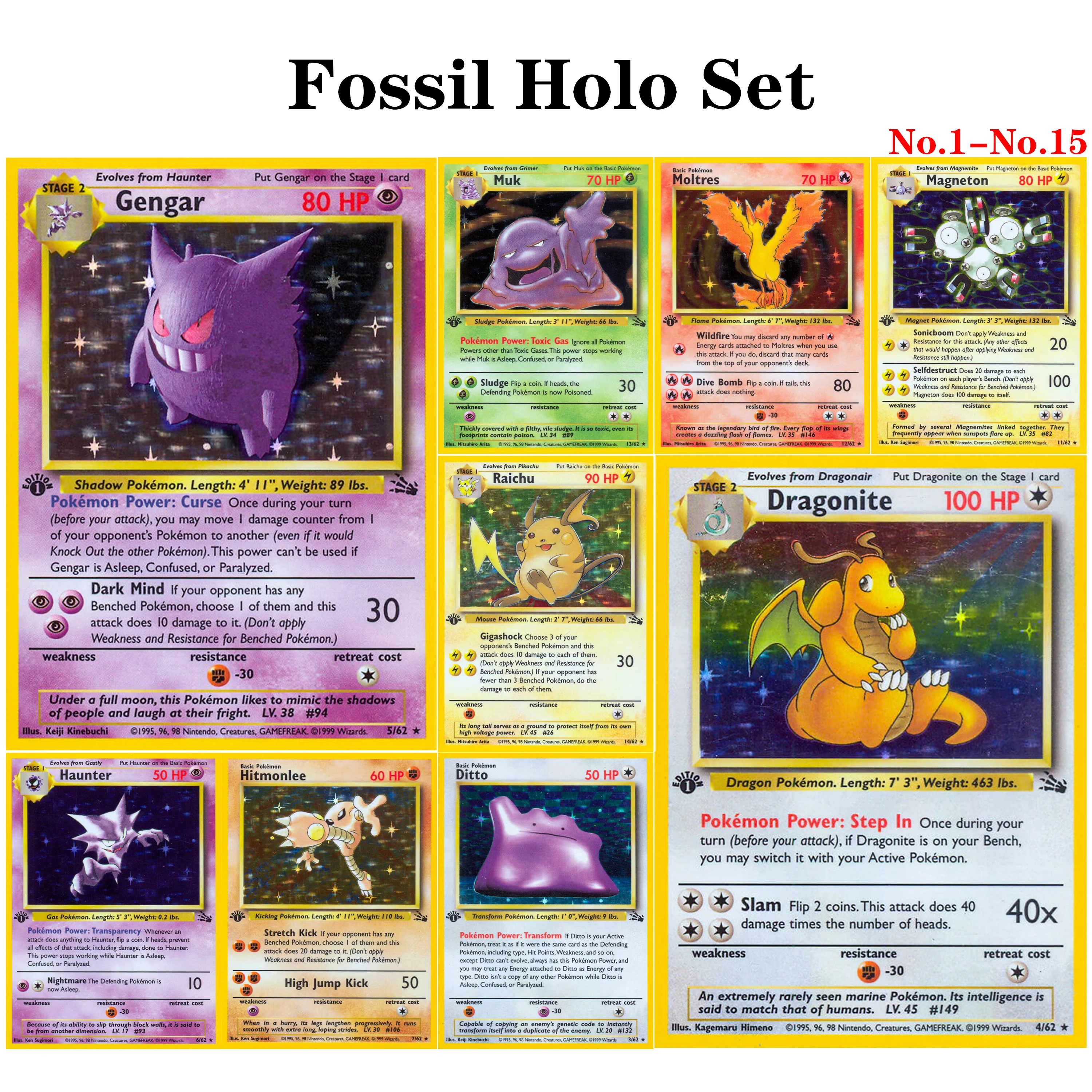 1999 PTCG FOSSIL 1ª Edição Cartas Raras PKM Foil Nº1-Nº15 Aerodactyl/Gengar/Dragonite/Lapras/Zapdos TCG Cartas Colecionáveis DIY