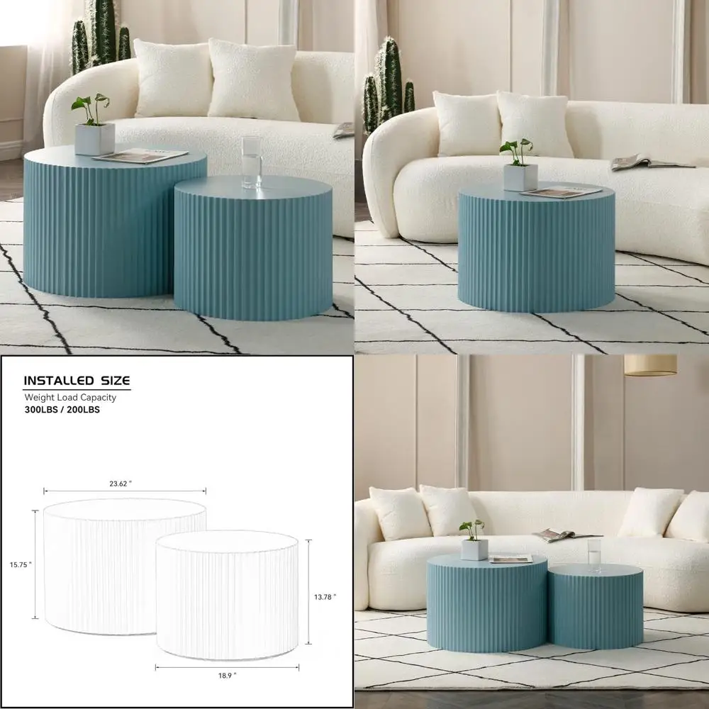 

Modern Blue Wooden Nesting Coffee Table Set, 2-Piece Luxury Round Side Tables for Accent and End Use
