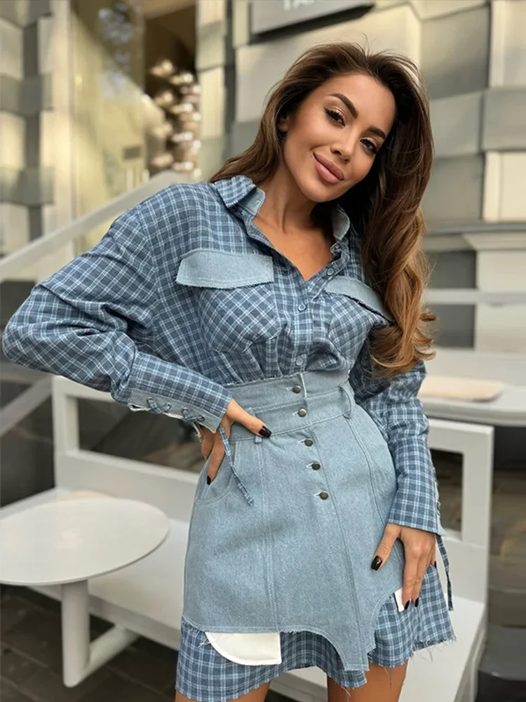 Camisa bloqueada de Color con solapa, conjunto de Falda corta con dobladillo Irregular ceñido a la cintura, camisa larga holgada a cuadros para mujer, trajes vaqueros de retales para mujer