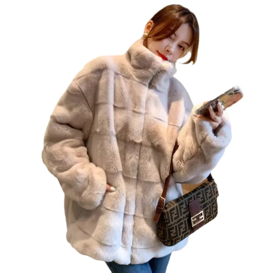Rabbit fur imitation fur fur coat winter 2024 new stand-up collar zipper women's jacket autumn and winter square plush top