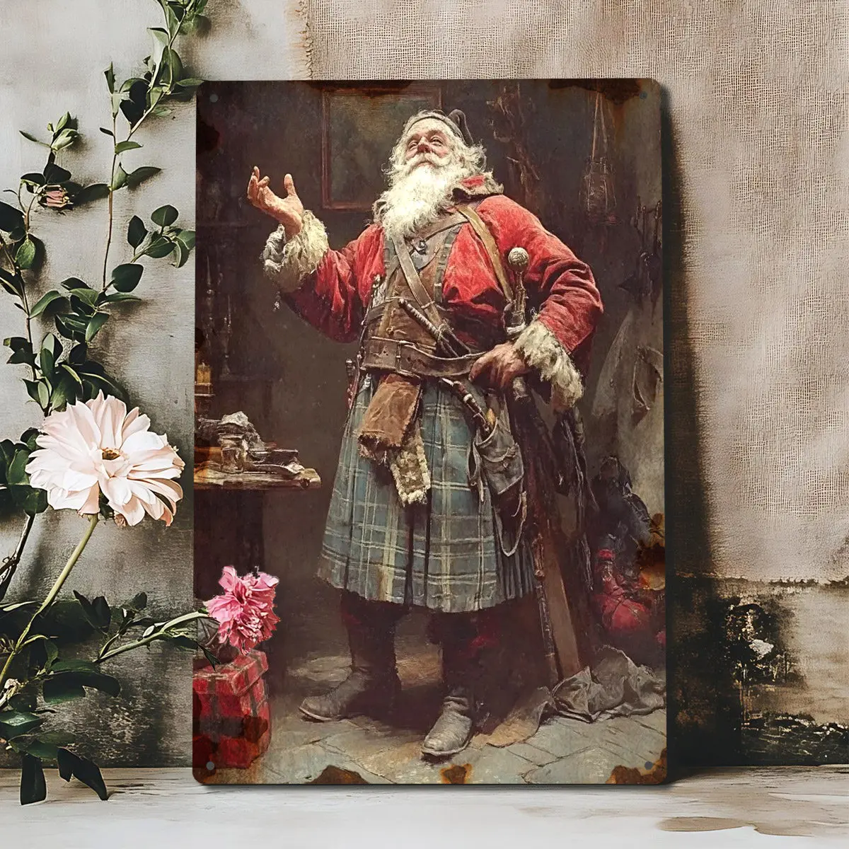 2D Flat, 1pc 2d Flat Vintage Santa Claus Metal Tin Sign, Jolly Santa In Kilt, Ideal for Christmas Home, Scottish Pub, Farmhouse