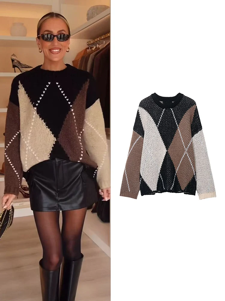 

2025 Winter New Women Vintage Knitted Top Elegant Argyle Pattern Round Collar Women Pullover Fashion British Style Sweater