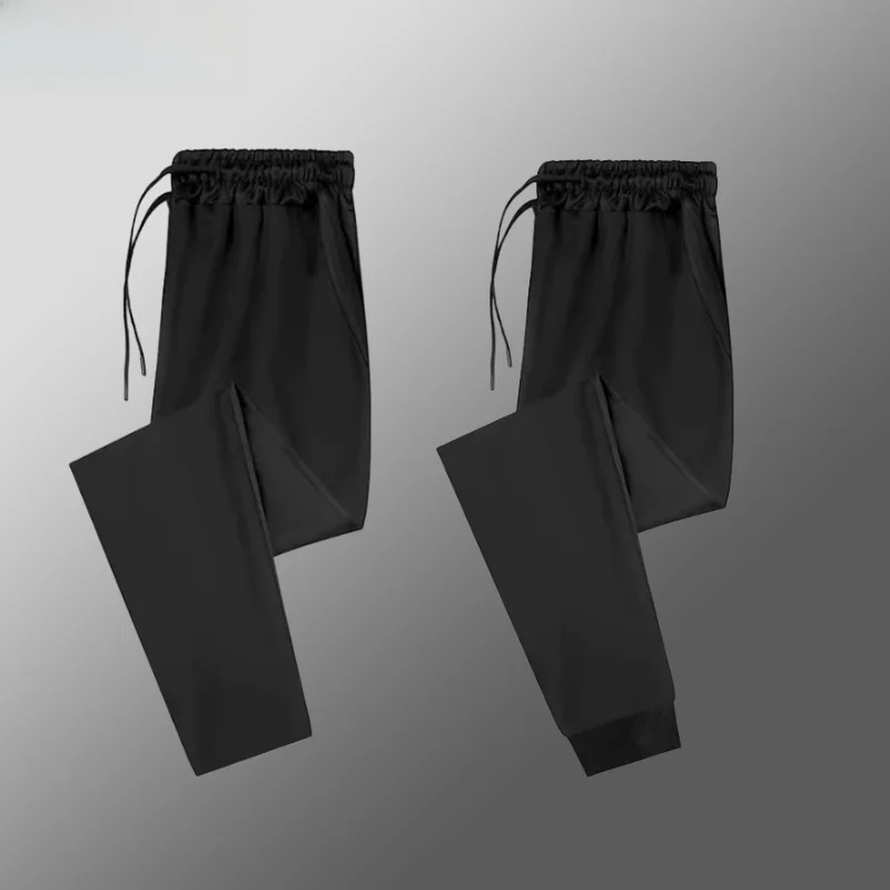 

Summer Ice Silk Men's Loose plus Size Sport Pants Qui Dry Casual Trousers Elastic Nine Points Low Waist Straight Leg Pants