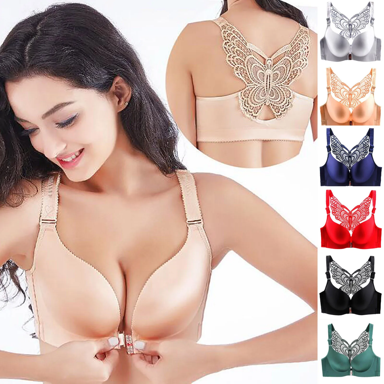 Women'S Plus Size Bras Solid Color Skin-Friendly Comfy Wire-Free Bra Front Closure Butterfly Back Bra Summer Seamless Cool Bra