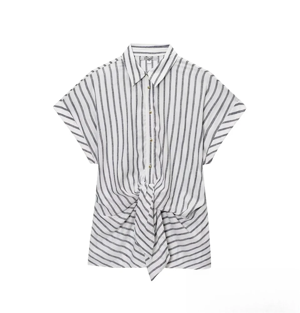 

KONDALA осенняя полосатая рубашка с узлом для поездок на работу, женские свободные рубашки с коротким рукавом, лето 2021, модные повседневные простые универсальные женские рубашки