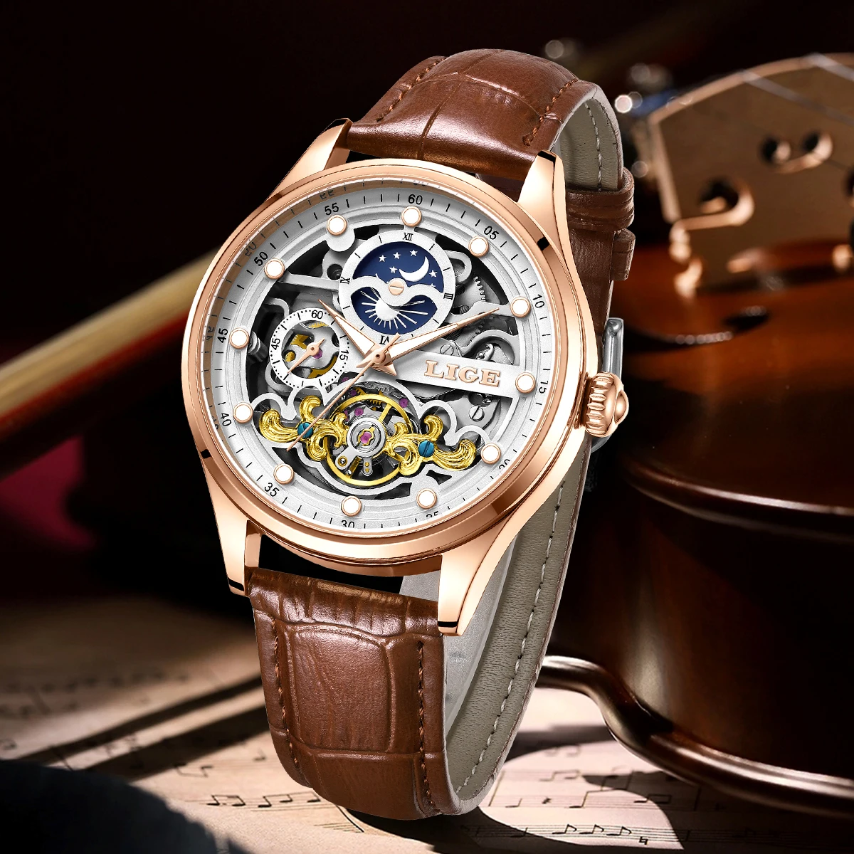Men's Simple Dial Mechanical Watch with Leather Strap