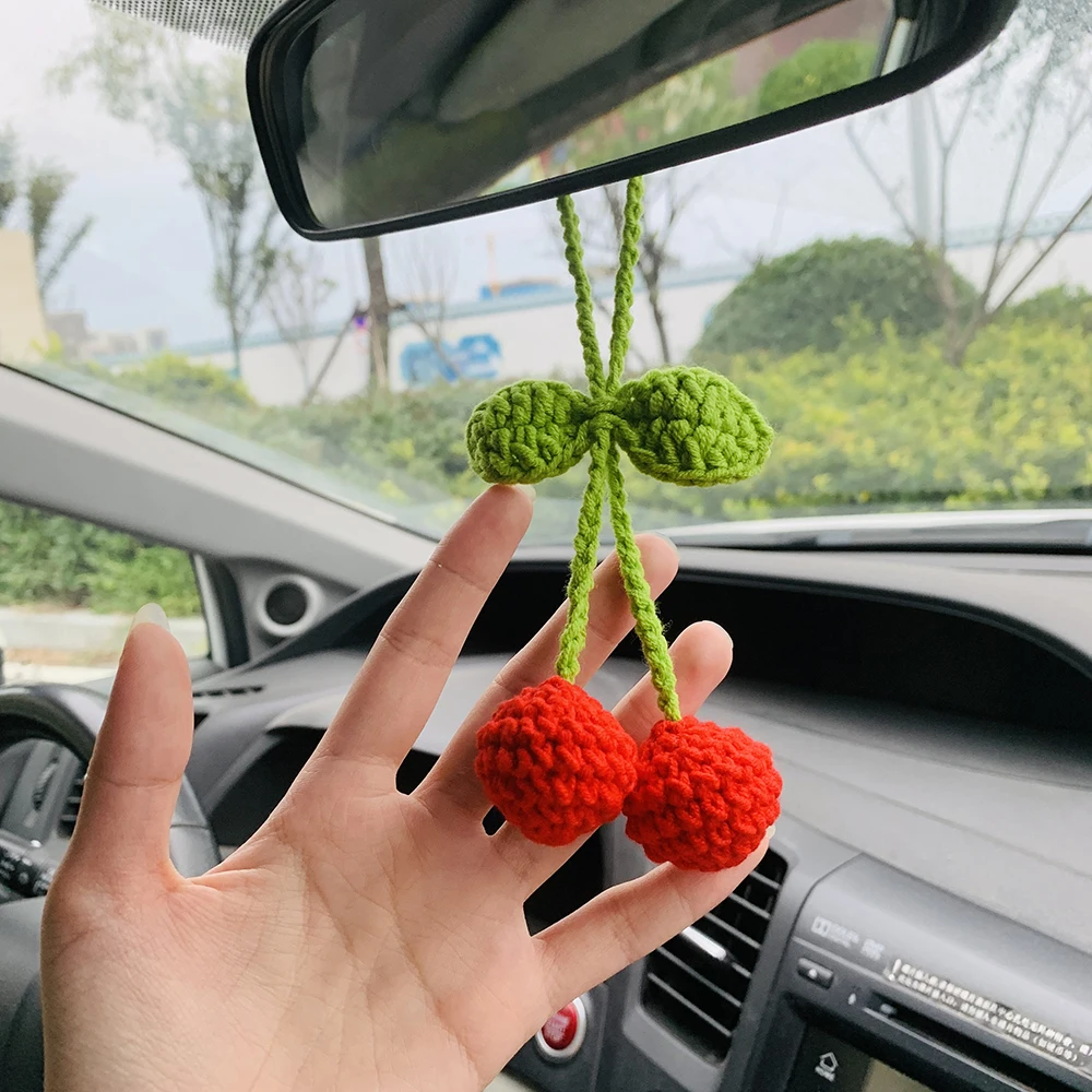 Cute Cherry Kawaii Flower Car Mirror Hanging Charm Fruit Decor Teens Interior Rear View Mirror car Accessories for Women