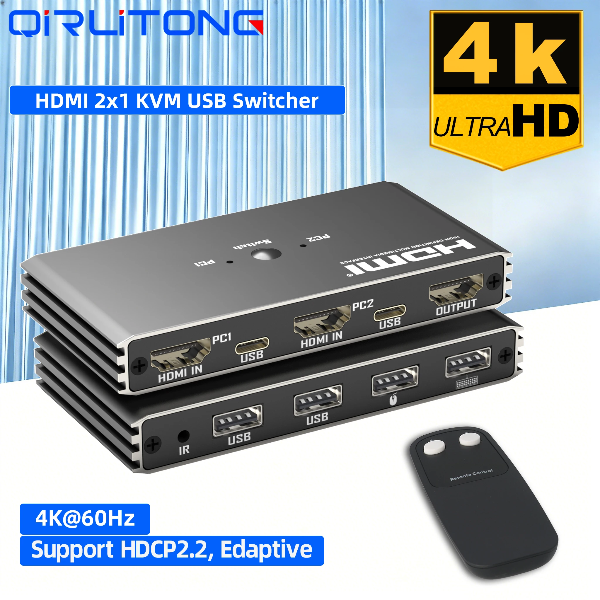 4K@60Hz HDMI 2x1 KVM Switcher HDMI KVM USB Switch Selector 2 In 1 Out with 4 Port USB for PC Loptop Support Monitor Printer