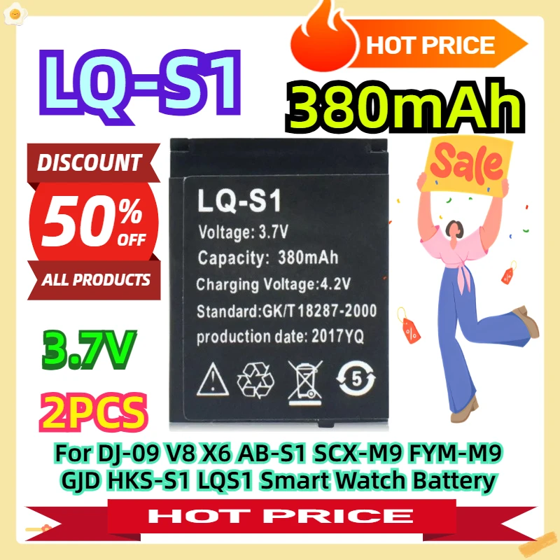 

For DJ-09 V8 X6 AB-S1 SCX-M9 FYM-M9 GJD HKS-S1 LQS1 Smart Watch Battery 3.7V 380mAh 2pcs
