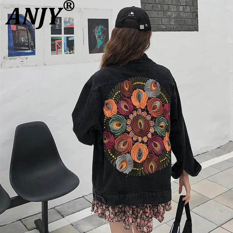

ANJY Autumn New Women Korean Fashion Embroidery Florals Tide Denim Motorcycle Jacket Ins Streetwear Versatile Casual Coat A11108