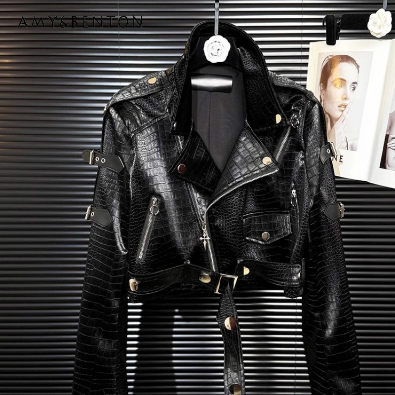 

American Heavy Embroidery Design Suit Collar Lace-up PU Leather Women's Coat Women's Autumn Sweet Cool Locomotive Coats Ladies