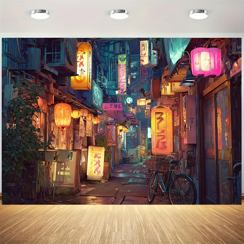 Cyberpunk Neon Street Tapestry 2D Flat Wall Hanging Japanese Lantern Alley Decor for Bedroom Living Room Anime Art Fabric Poster