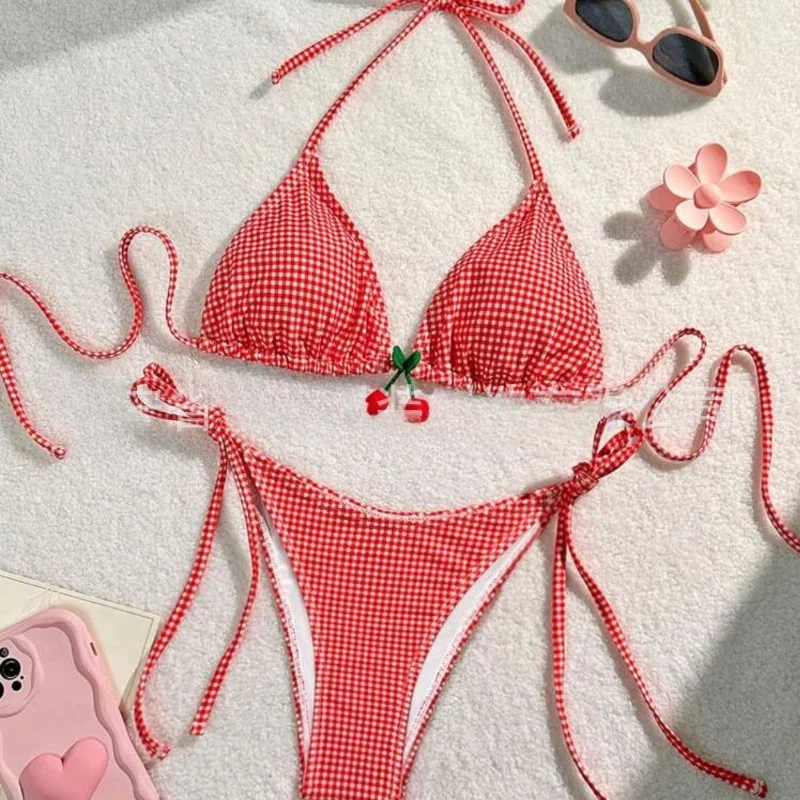 Seksowne bikini w kratę z niską talią strój kąpielowy dziewczyna dwuczęściowe garnitury damskie wiśniowe czerwone paski kostiumy kąpielowe strój