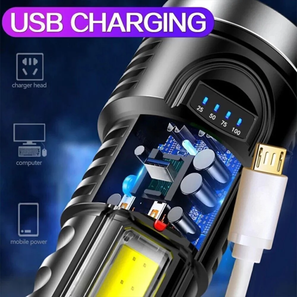 USB مصباح يدوي LED قابل لإعادة الشحن 4-وضع التخييم المشي لمسافات طويلة الشعلة ضوء العمل