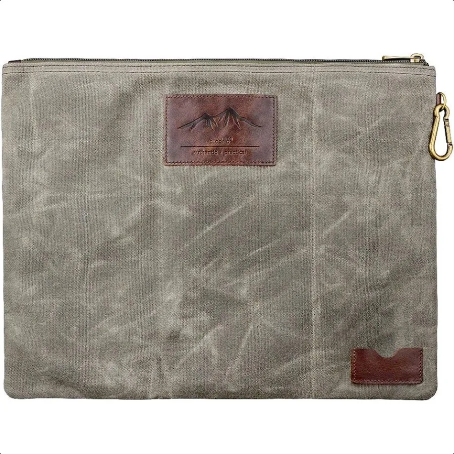 

Water Resistant Zipper Document Holder Fits Manila Folder Rustic Large Waxed Canvas Pouch with Full Grain Leather Inner Pockets