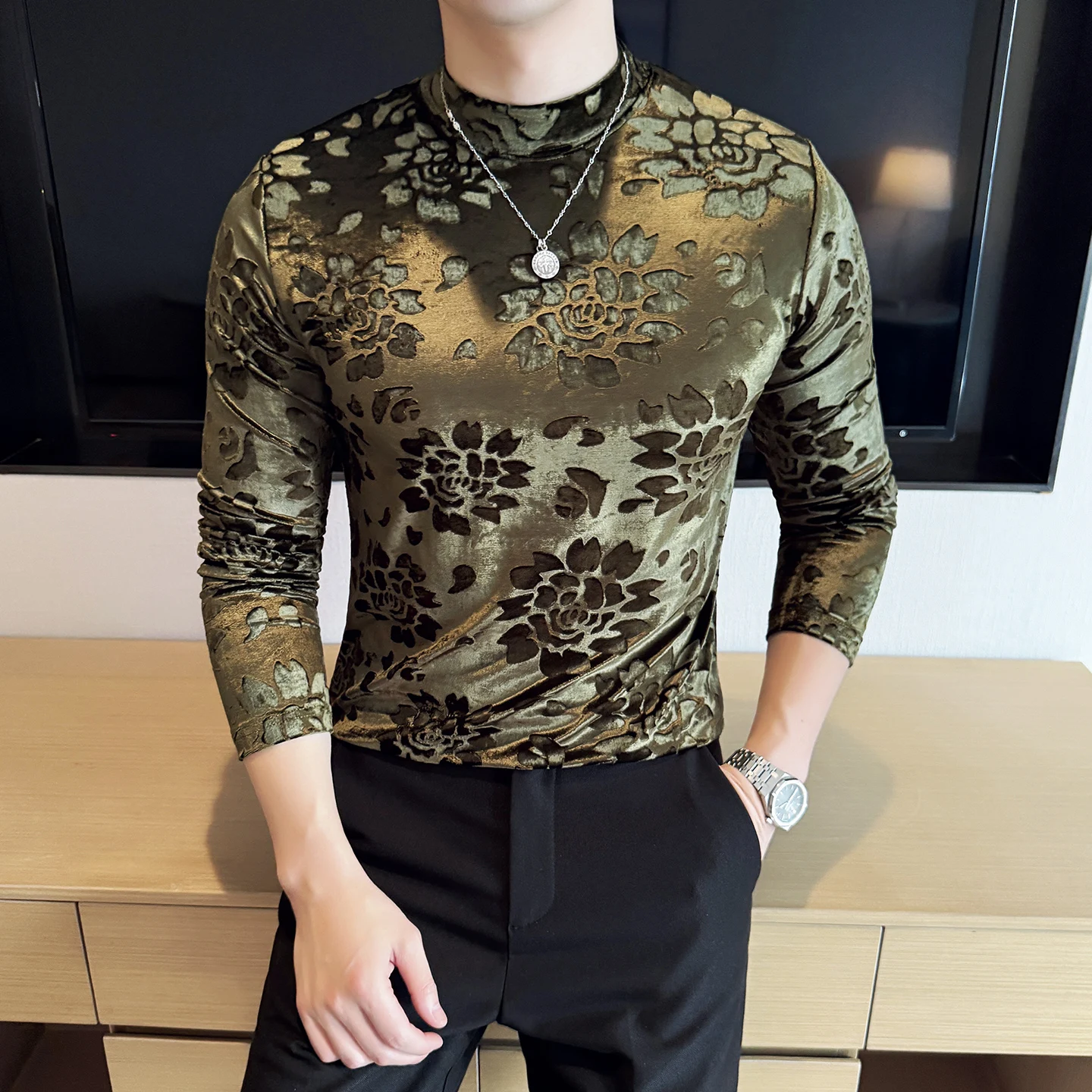 

Winter Velvet Jacquard Semi High Neck T-shirt Men Elastic Comfort Warm Slim Fit Base Shirt Long Sleeve Casual Business Tshirts