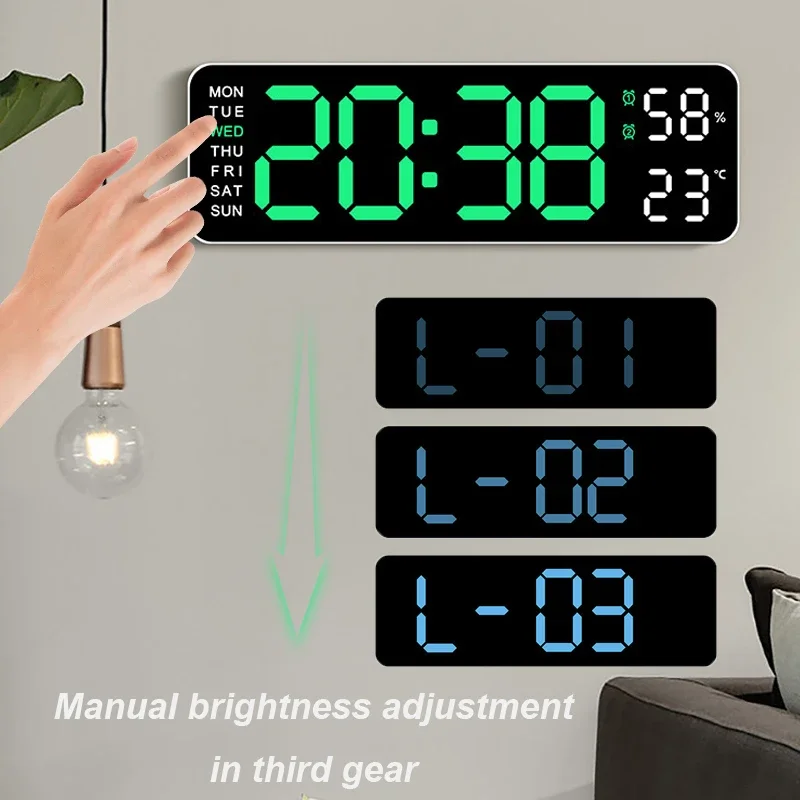 Large Digital Wall Clock Temperature Date Week Timing Countdown Light-sensing Table Clock 2 Alarm 12/24H LED Alarm Clock