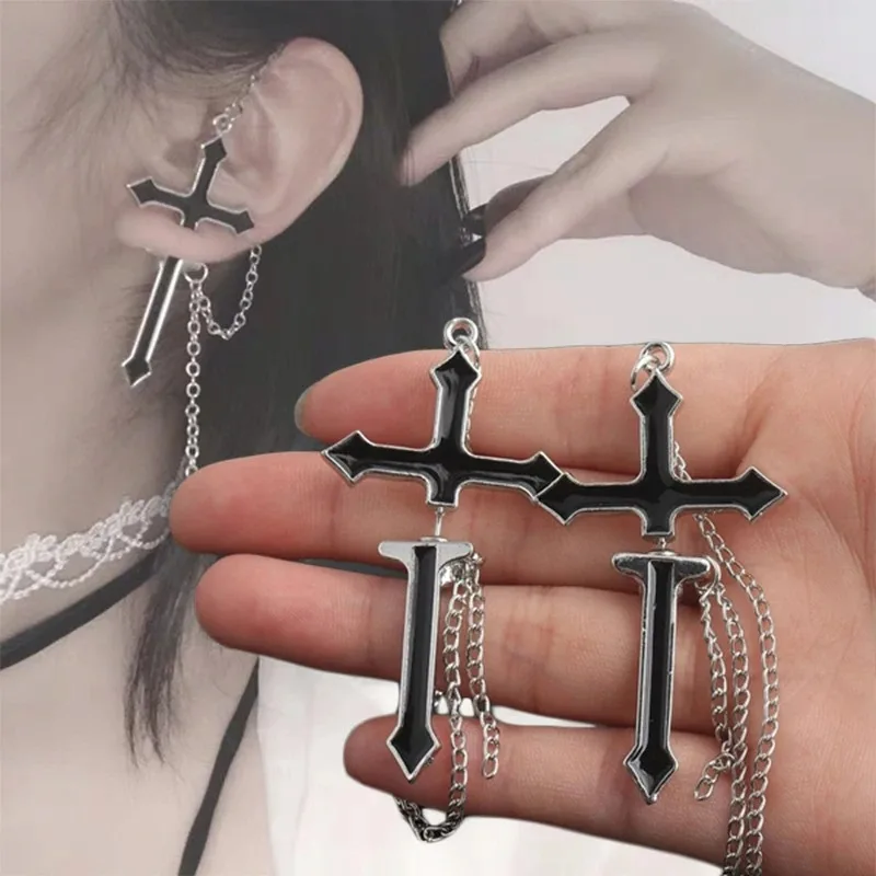 Vintage Black Cross Earrings Rings Set Punk Goth Long Chain Harajuku Streetwear Unisex Stud Earring for Women Men Korean Jewelry