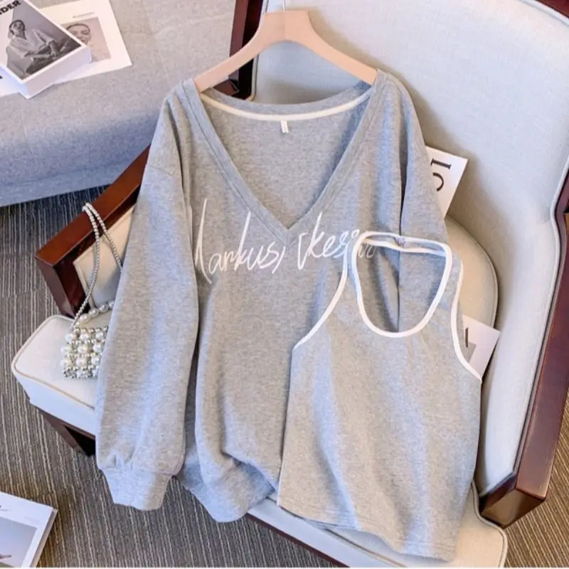 قطعتين مجموعة فضفاضة طباعة الشارع عارضة هوديس بلوزات ربيع الخريف طويلة الأكمام بلوزات على الموضة الكورية كسول النساء الملابس