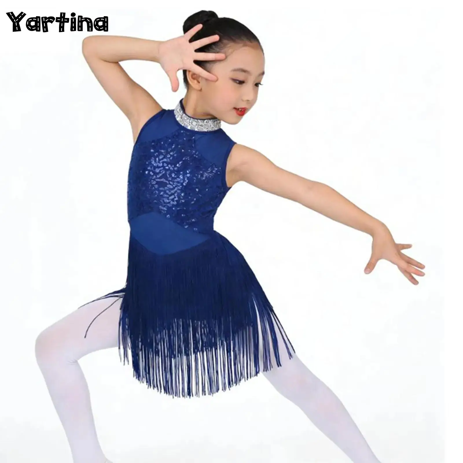 

Kids Girls Shiny Rhinestone Gymnastics Leotard Artistic Figure Skating Costume Sequins Tassel Hem Latin Ballet Tutu Dance Dress