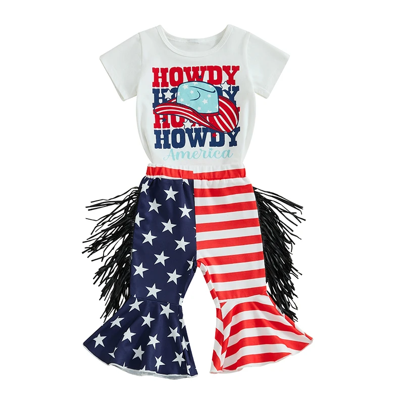 

4th Of July Baby Girl Outfits Howdy America Short Sleeve T-shirt American Flag Tassel Bell Bottom Pants Set