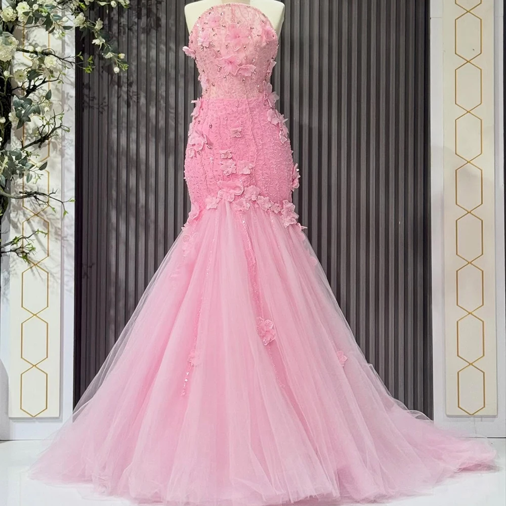 

Customized Mermaid Evening Dresses Floor-length Strapless Sleeveless Prom Gown Fashion Flowers Sequined Simple Draped Party Gown
