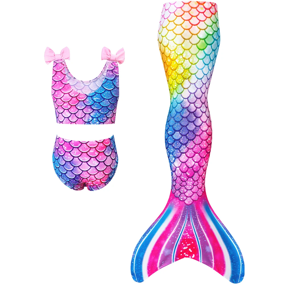 Mädchen Meerjungfrauenflossen-Bikini 3-teiliges Set, Badeanzug mit Fischschuppen-Print, Prinzessinnen-Mode-Performance-Bademode, Schwimmkostüm für Kinder – Detail 3